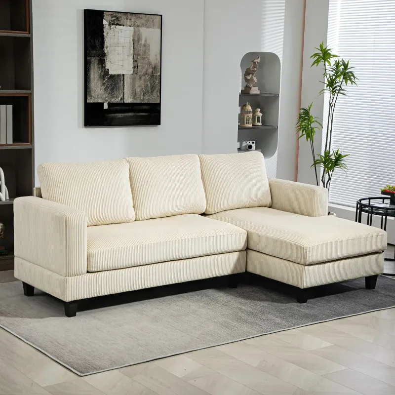 Ecksofa 3-Sitzer mit Ottomane | Rippvelours Beige, Taschenfederpaket | Breite 214 cm