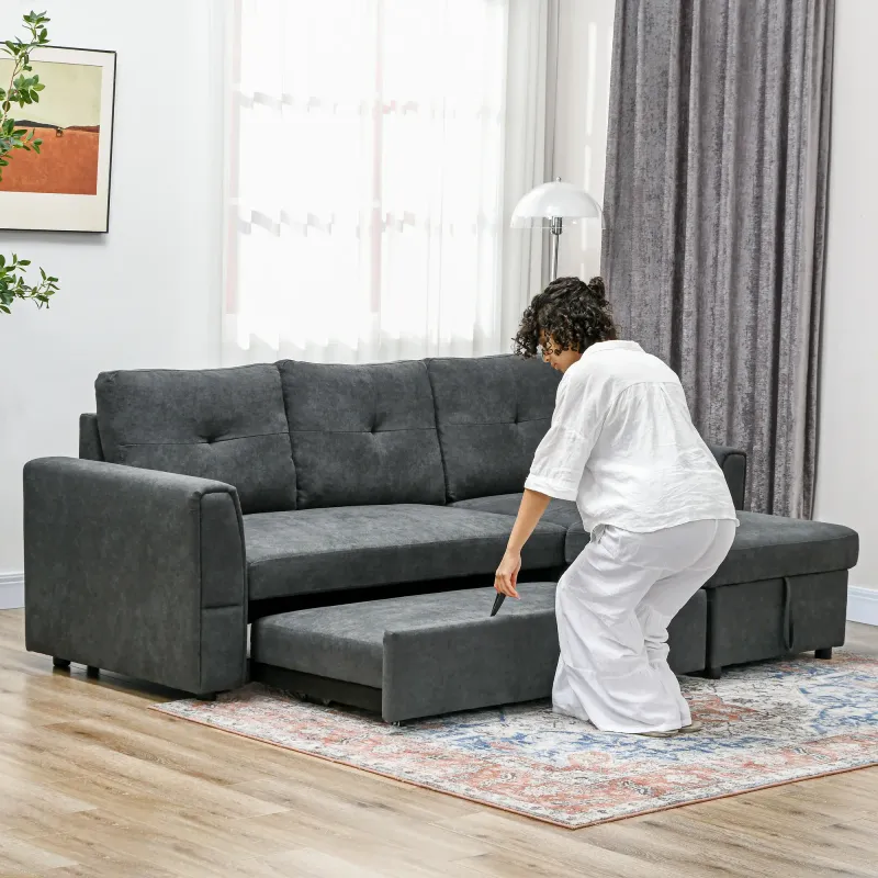 3-Sitzer Schlafsofa mit Chaiselongue | Bettfunktion, Stauraum, L-Form rechts/links | Dunkelgrau | 232B x 141T x 85H cm