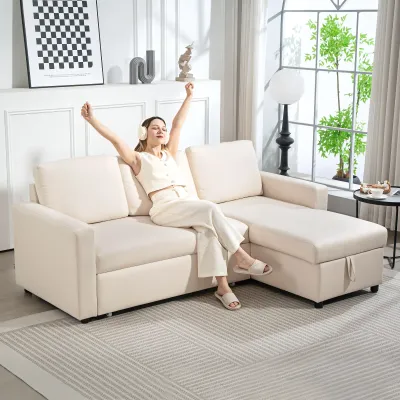 Ecksofa umwandelbar mit umkehrbarer Récamière | Stauraum &amp; 3 Rückenkissen | Creme | 211,5L x 146B x 85H cm