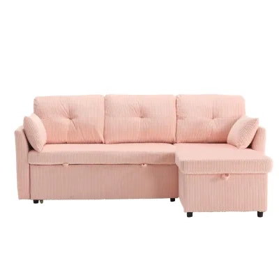 L-förmiges Samt-Sofa Rosa | Ausziehbares, umwandelbares Schlafsofa mit Stauraum | Austauschbare Chaiselongue | 206L x 108B x 88H cm