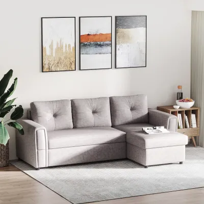 3-Sitzer Schlafsofa mit Chaiselongue | Bettfunktion, Stauraum, L-Form rechts/links | Grau | 232B x 141T x 85H cm