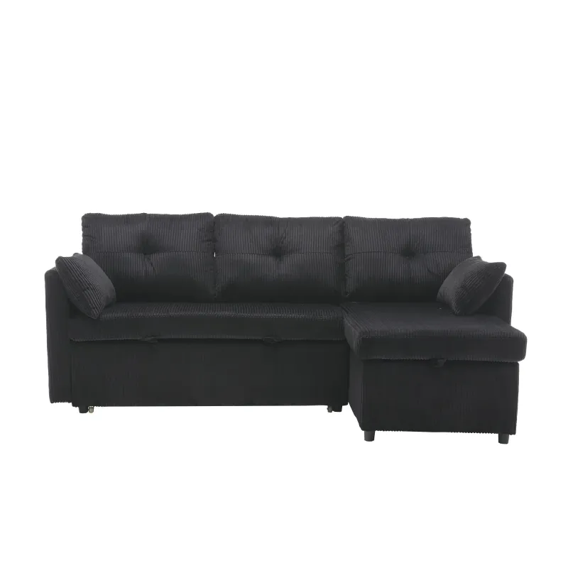 L-förmiges Samt-Schlafsofa Schwarz | Ausziehbar, umwandelbar, Stauraum | Austauschbare Chaiselongue | 206L x 108B x 88H cm