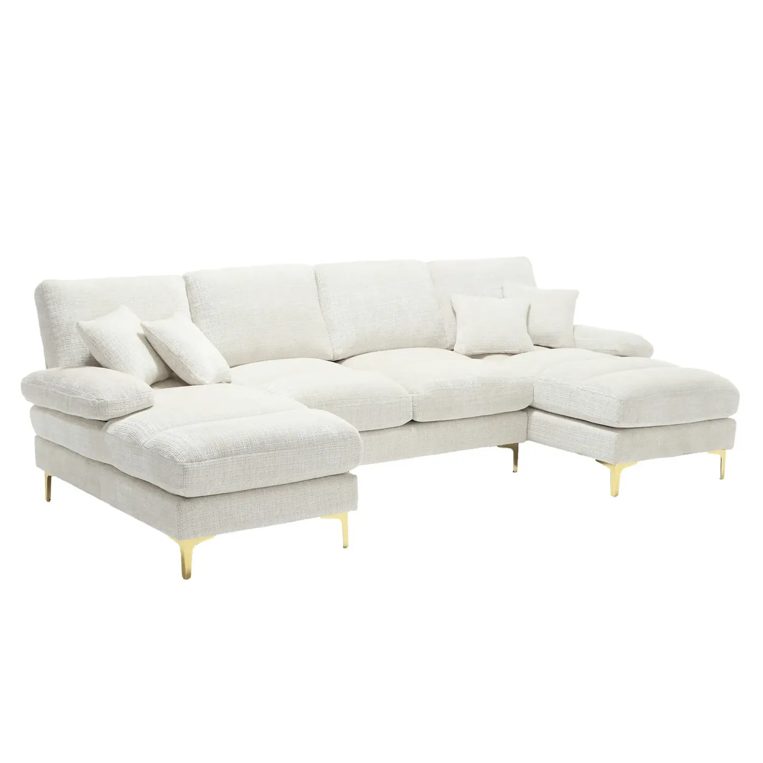U-förmiges Chenille-Luxus-Sofa mit Doppel-Liegesitzen | Beige | 272L x 136B x 88H cm | Ergonomische Kissen, Metallbeine