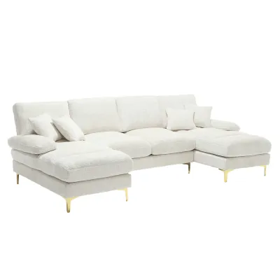 U-förmiges Chenille-Luxus-Sofa mit Doppel-Liegesitzen | Beige | 272L x 136B x 88H cm | Ergonomische Kissen, Metallbeine