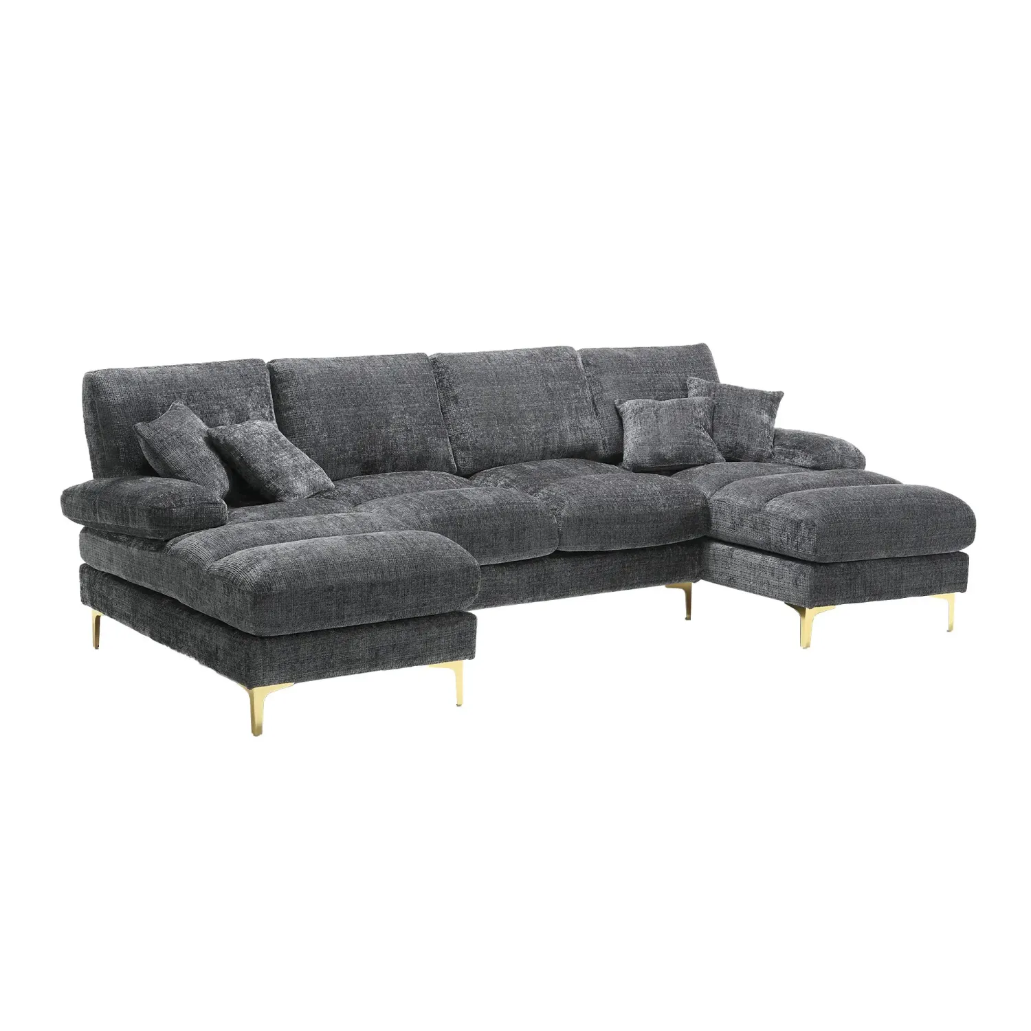 U-förmiges Chenille-Luxus-Sofa mit Doppel-Liegesitzen | Grau | 272L x 136B x 88H cm | Robuster Holzrahmen, Eisenbeine