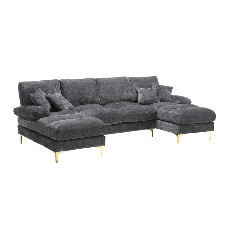 U-förmiges Chenille-Luxus-Sofa mit Doppel-Liegesitzen | Grau | 272L x 136B x 88H cm | Robuster Holzrahmen, Eisenbeine