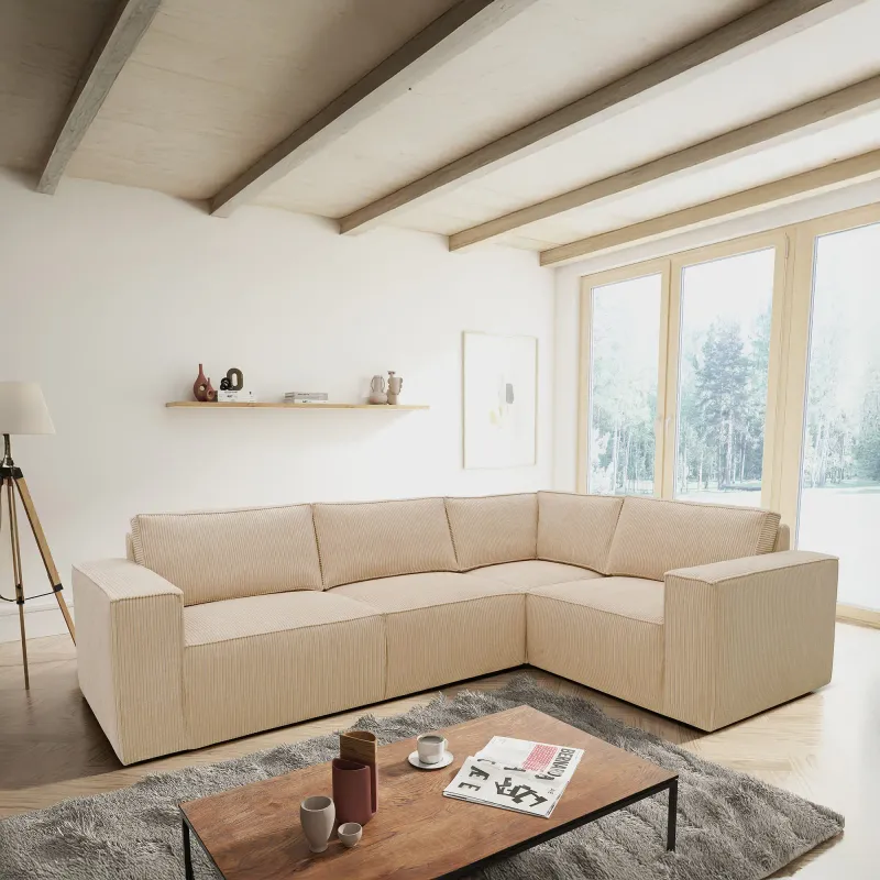 Ecksofa | L-Form Cord-Sofa in Creme | 277 x 197 x 84 cm | Komfortable Polsterung, pflegeleicht