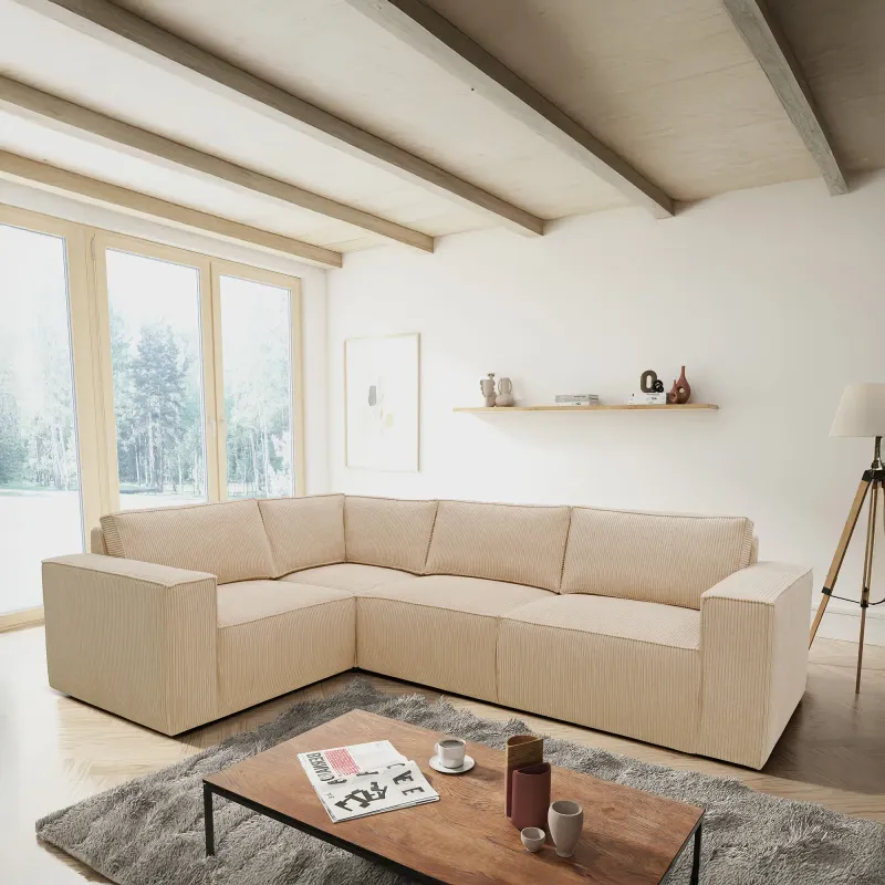 Ecksofa | L-Form Cord-Sofa in Creme | 277 x 197 x 84 cm | Komfortable Polsterung, pflegeleicht