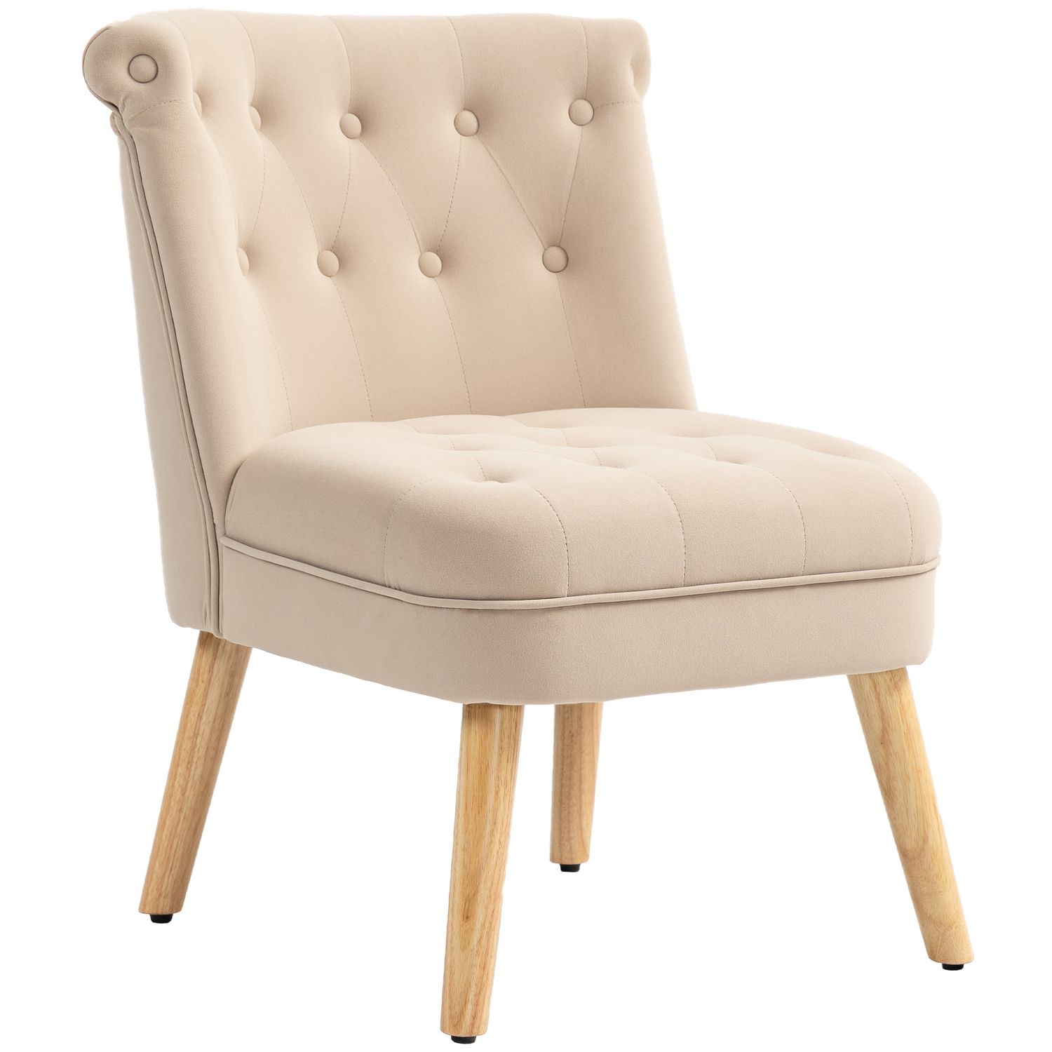 Samt Salonstuhl, gepolsterte &amp; geknöpfte Sitzfläche, Beige, 60x66x79 cm – eleganter Komfort, 4 Holzbeine