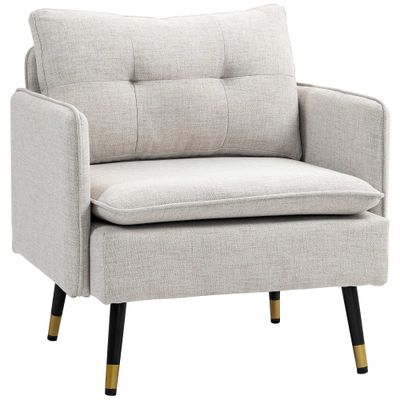 Loungesessel aus Leinen, mit Armlehnen &amp; Stahlbeinen, Creme, 76x68x80 cm – kompakt, bequem, capitonné
