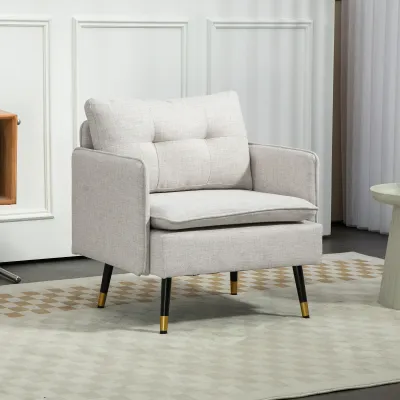 Loungesessel aus Leinen, mit Armlehnen & Stahlbeinen, Creme, 76x68x80 cm – kompakt, bequem, capitonné