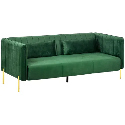 3‑Sitzer Sofa im Retro‑Design, Samtoptik, Grün – 2 Kissen, abnehmbarer Bezug, goldene Stahlbeine