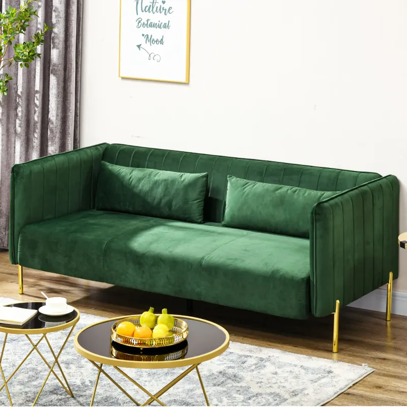 3‑Sitzer Sofa im Retro‑Design, Samtoptik, Grün – 2 Kissen, abnehmbarer Bezug, goldene Stahlbeine