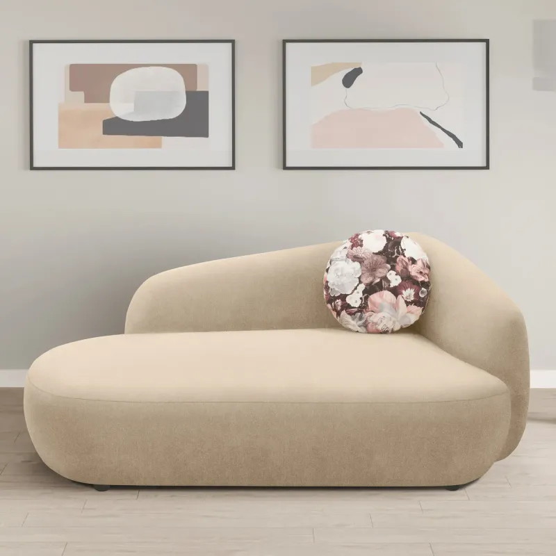 Recamiere, oval, beige, 183 x 105 x 75 cm – Filzgleiter, Zierkissen