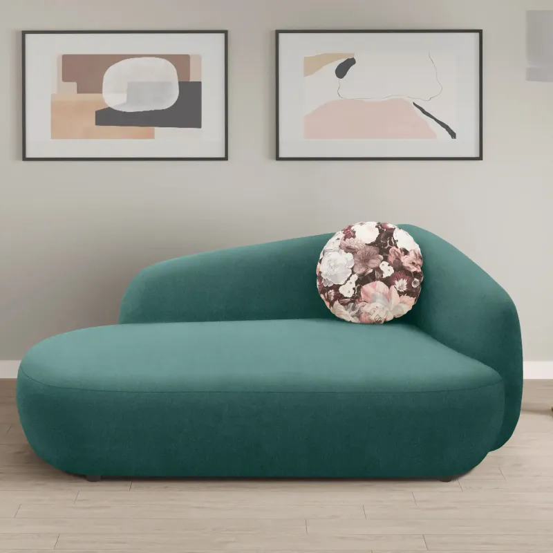 Recamiere, oval, Petrol, 183 x 105 x 75 cm – Filzgleiter, Zierkissen, komfortabel gepolstert