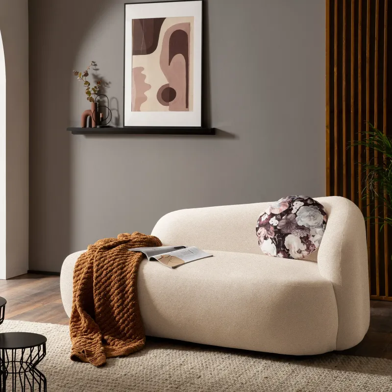 Recamiere, oval, Creme, 183 x 105 x 75 cm – Filzgleiter, Zierkissen, komfortable Polsterung