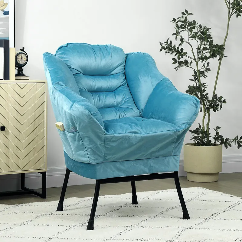 Moderner Akzentstuhl, Polsterstuhl mit Stahlbeinen & Seitentaschen, Blau – Samtoptik, 80B x 78T x 100H cm, 120 kg