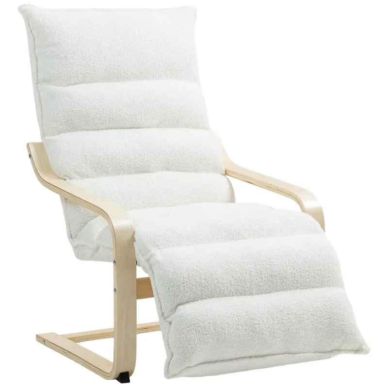 Lounge‑Sessel aus Birkenholz, Sherpa‑Fleece, verstellbare Fussstütze, Weiss – 67B x 93–114T x 105H cm, 120 kg