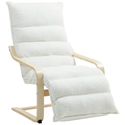Lounge‑Sessel aus Birkenholz, Sherpa‑Fleece, verstellbare Fussstütze, Weiss – 67B x 93–114T x 105H cm, 120 kg