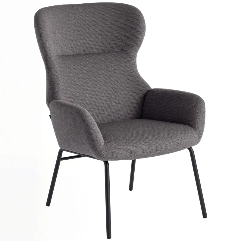 Moderner Polsterstuhl im Ohrenbacken‑Stil, hohe Rückenlehne, dicke Polsterung, Metallbeine, Grau – 70B x 74,5T x 103,5H cm