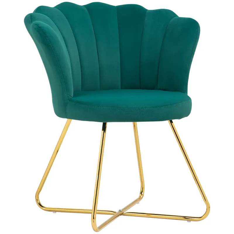 Muschel‑Sessel/Frisiertischstuhl aus Samt, Lounge, Dunkelgrün – Stahlbeine, 69 B x 64 T x 80 H cm, Lotosrücken