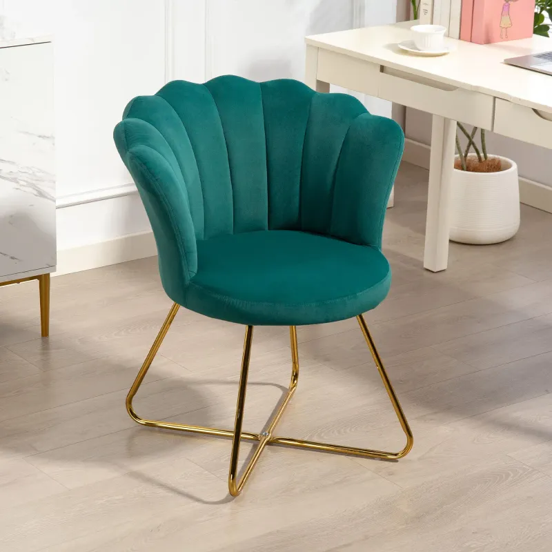 Muschel‑Sessel/Frisiertischstuhl aus Samt, Lounge, Dunkelgrün – Stahlbeine, 69 B x 64 T x 80 H cm, Lotosrücken