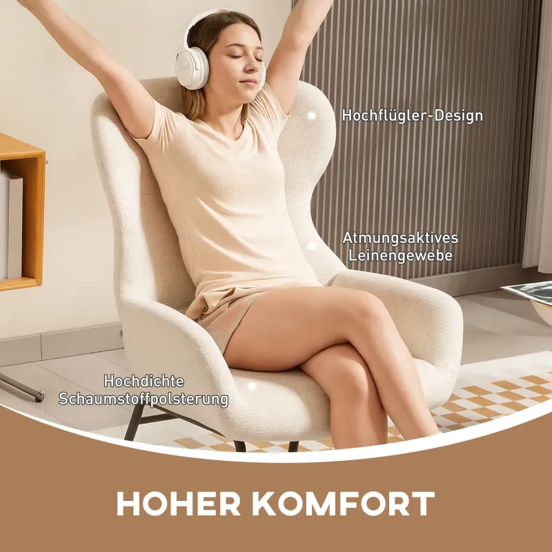 Moderner Polsterstuhl im Ohrenbacken‑Stil, hohe Rückenlehne, Stahlbeine, Cremeweiss – 70B x 74,5T x 103,5H cm