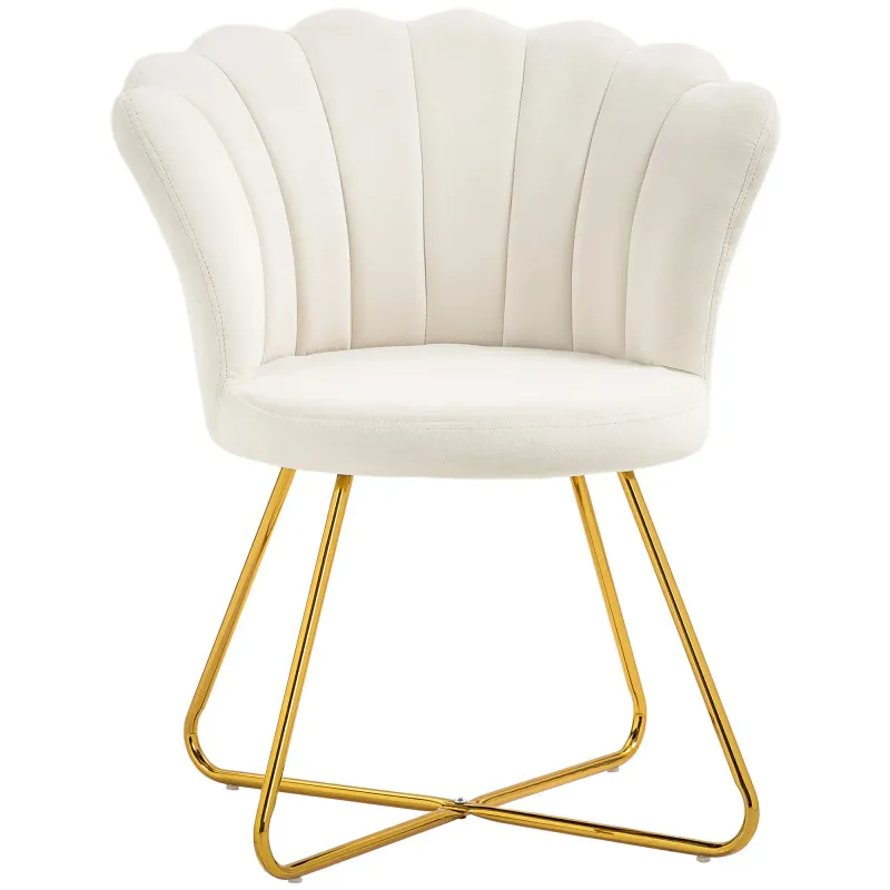 Muschelförmiger Frisierstuhl, Samtsessel, Creme – 69B x 64T x 80H cm, Stahlkreuzbeine, 120 kg