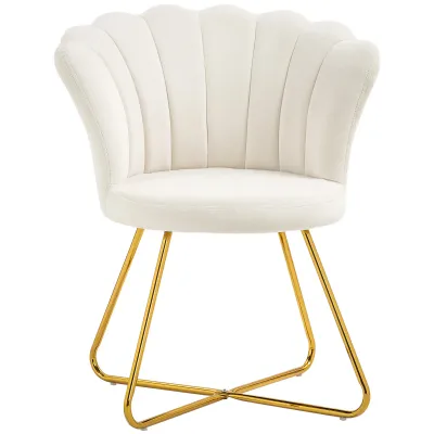 Muschelförmiger Frisierstuhl, Samtsessel, Creme – 69B x 64T x 80H cm, Stahlkreuzbeine, 120 kg