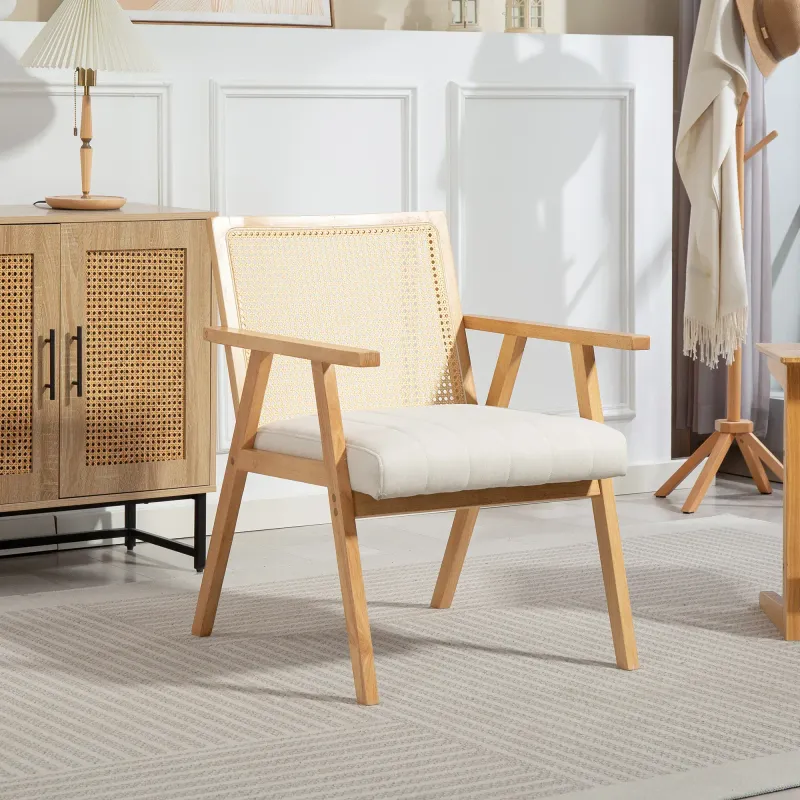 Loungesessel aus Holz, Rattansessel mit Rattanrücken & gepolstertem Kissen, Naturholz – 63B x 69T x 81,5H cm