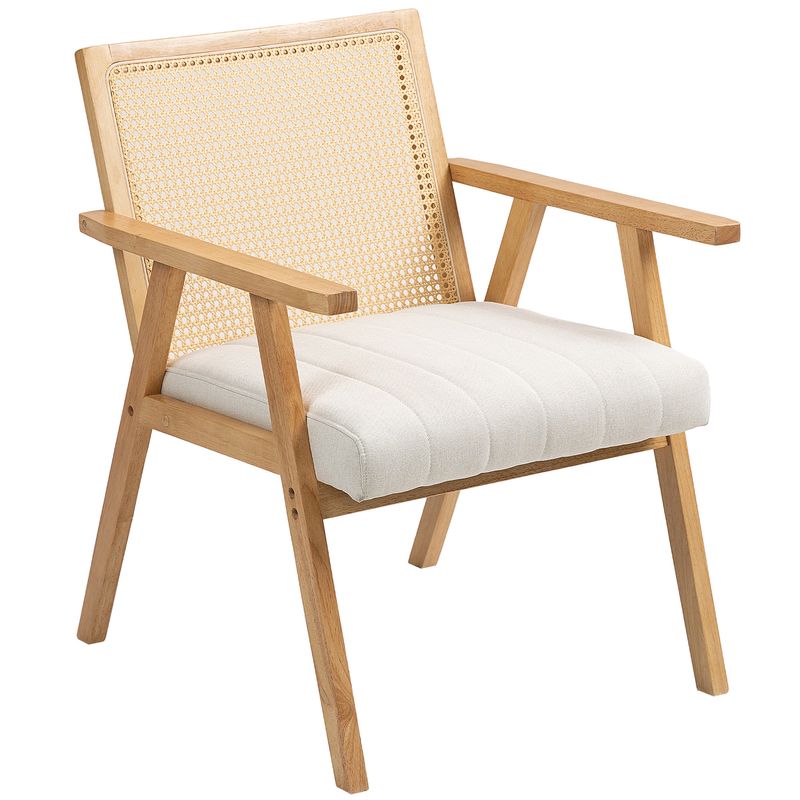 Loungesessel aus Holz, Rattansessel mit Rattanrücken &amp; gepolstertem Kissen, Naturholz – 63B x 69T x 81,5H cm