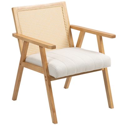 Loungesessel aus Holz, Rattansessel mit Rattanrücken &amp; gepolstertem Kissen, Naturholz – 63B x 69T x 81,5H cm