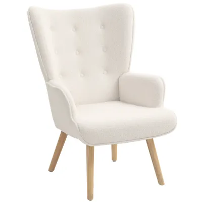 Loungesessel aus Bouclé‑Stoff, Ohrensessel mit Holzbeinen, Beige – Knopfheftung, 71 x 74 x 96 cm, 120 kg