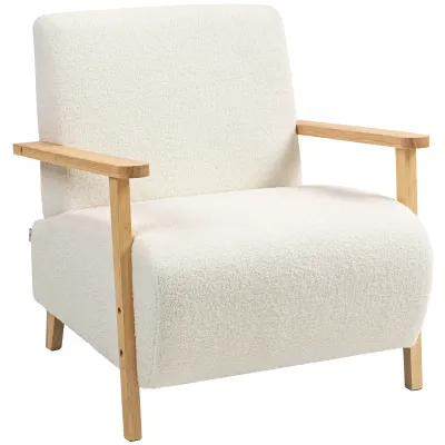Sessel mit Sherpa-Optik, Holzbeine &amp; Armlehnen, Cremeweiss – 74,5B x 76T x 78H cm, 120 kg