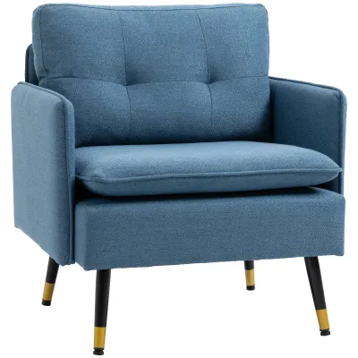 Akzentsessel mit Knopfheftung, abnehmbare Polster, Schwarz + Gold + Blau – Leinenoptik, 76L x 68B x 80H