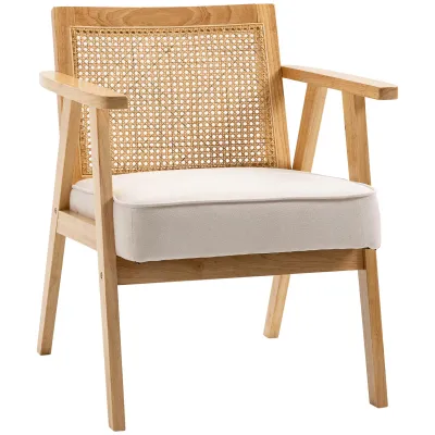 Exotischer Polsterstuhl, Kautschukholz, Leinenoptik‑Kissen, Cremeweiss – 63L x 69B x 78H cm, 120 kg