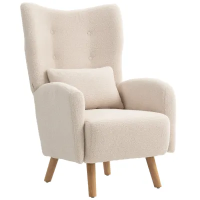 Akzentstuhl, Plüschbezug, Ohrensessel mit Taillenkissen, Beige – Stahlrahmen &amp; Buchenholzbeine, 77B x 72T x 106H cm, 120 kg