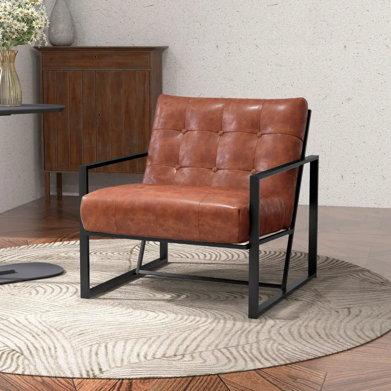Chesterfield Lounge‑Sessel, rotes Kunstleder, schwarzes Metallgestell – 75L x 81T x 78H cm, 120 kg