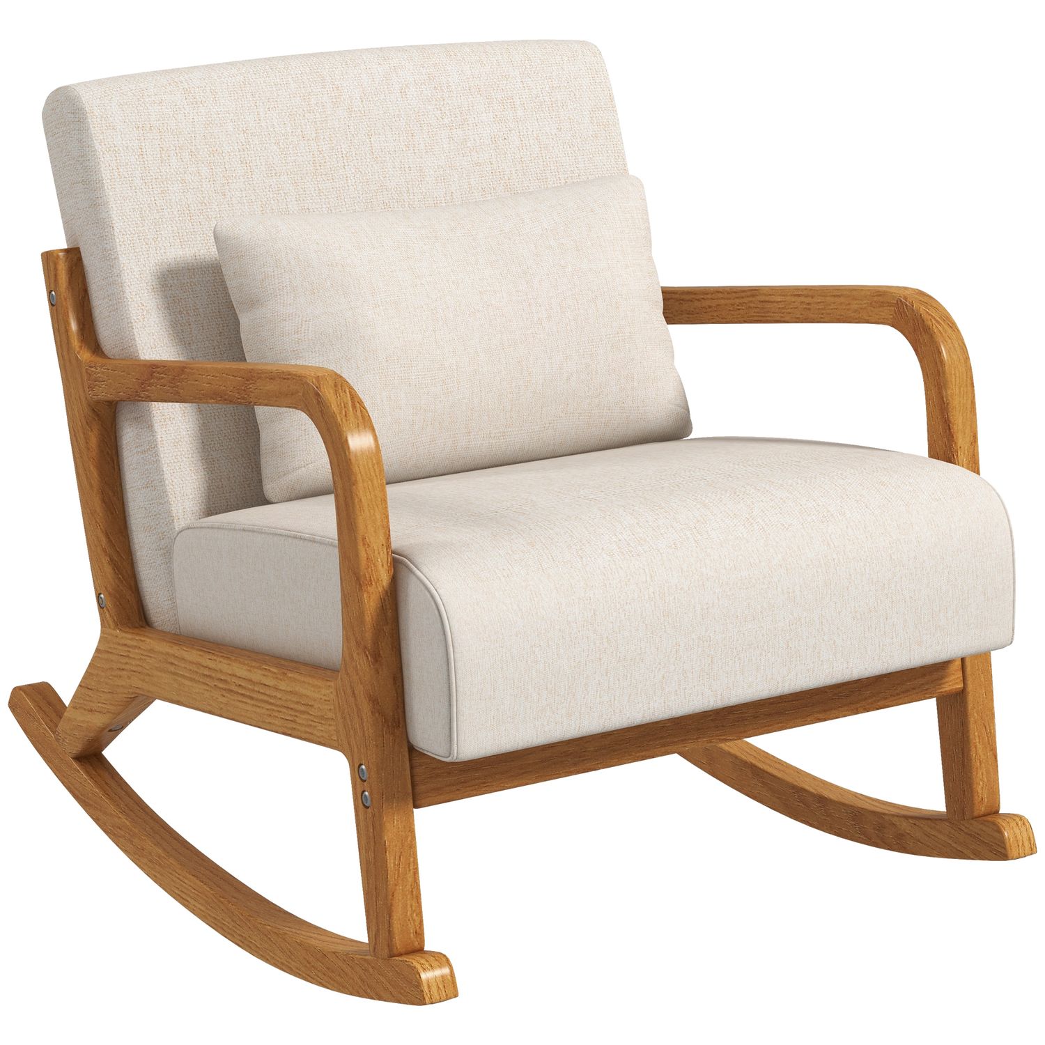 Schaukelstuhl im Retrodesign, Gummibaumholz, Beige+Braun – 64,5L x 92B x 81,5H cm, Lendenkissen, 120 kg