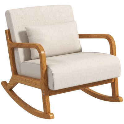 Schaukelstuhl im Retrodesign, Gummibaumholz, Beige+Braun – 64,5L x 92B x 81,5H cm, Lendenkissen, 120 kg