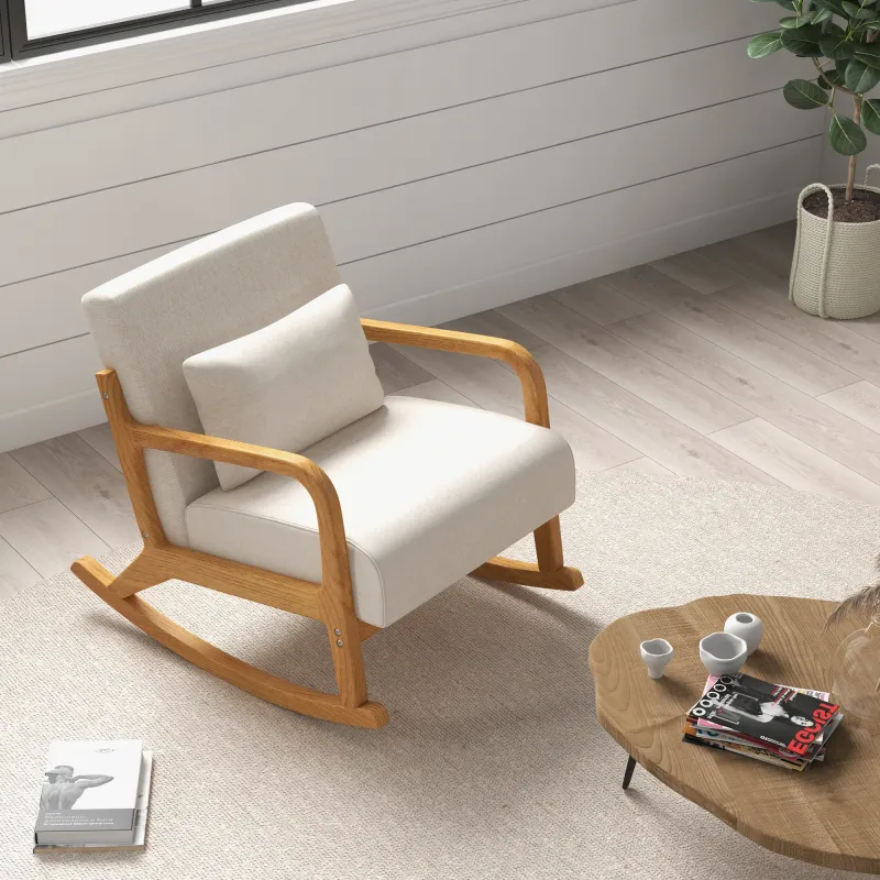 Schaukelstuhl im Retrodesign, Gummibaumholz, Beige+Braun – 64,5L x 92B x 81,5H cm, Lendenkissen, 120 kg