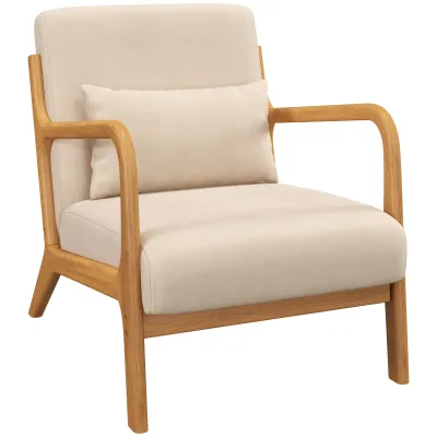 Loungesessel, Kautschukholzrahmen, beigefarbener Velours – tiefe Sitzfläche, 3 Kissen, 61L x 78B x 76H cm, 120 kg