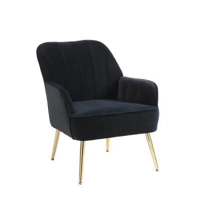 Freizeitstuhl in Samtoptik, ergonomisch, Schwarz – goldene Metallfüsse, 64 x 72,8 x 77,9 cm, 136 kg