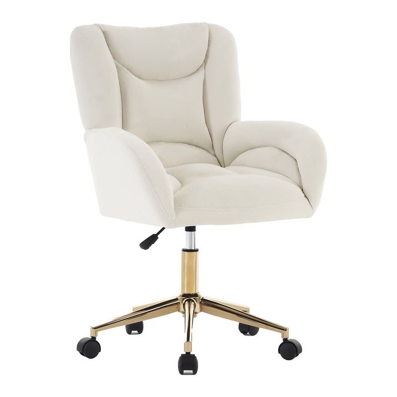 Höhenverstellbarer Drehstuhl, Samt, goldene Basis, Elfenbein – 62x64x88–97 cm, 360° Rollen, ergonomisch