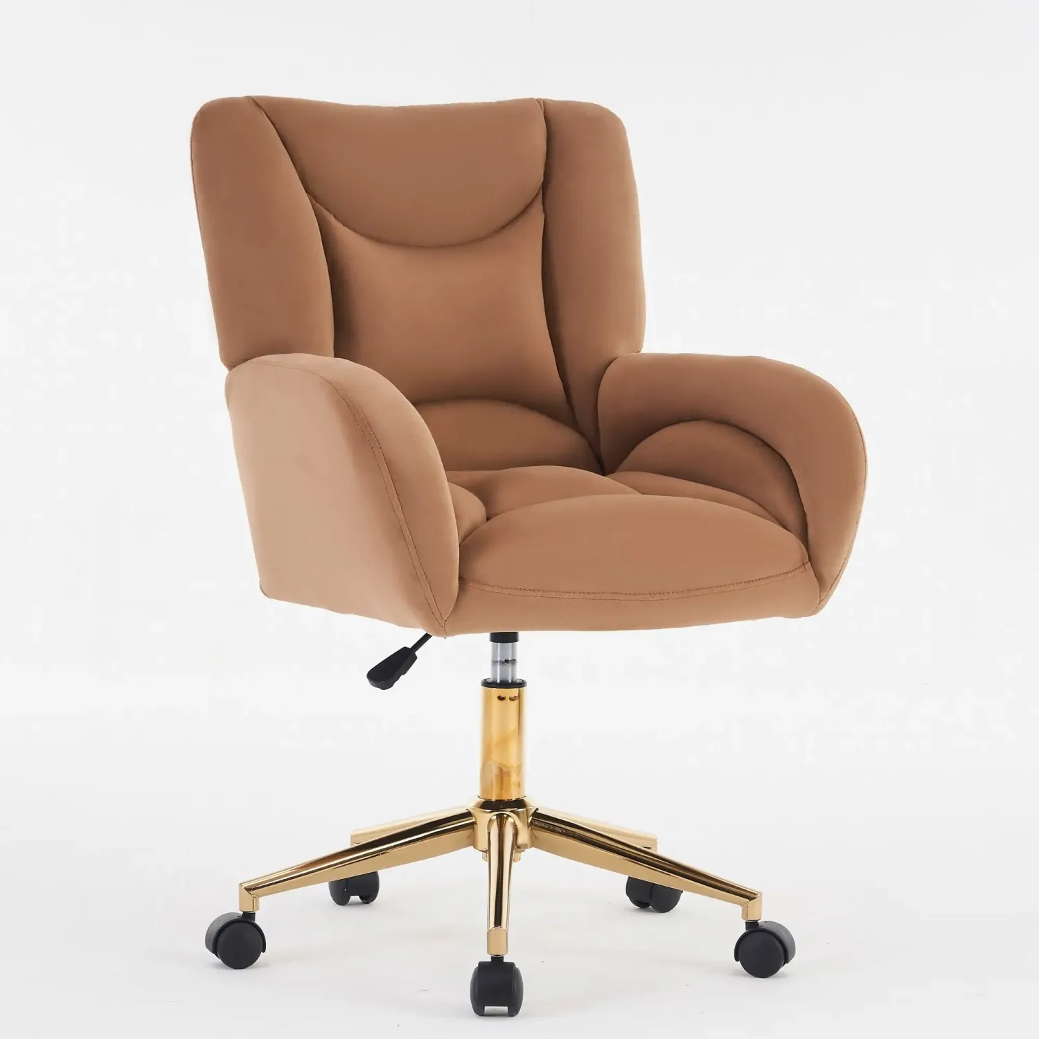 Höhenverstellbarer Drehstuhl, Samt, goldene Beine, Braun – 62x64x88–97 cm, 360° Rollen, ergonomisch