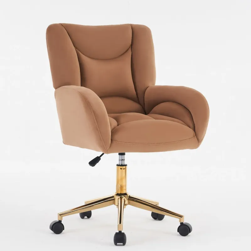 Höhenverstellbarer Drehstuhl, Samt, goldene Beine, Braun – 62x64x88–97 cm, 360° Rollen, ergonomisch