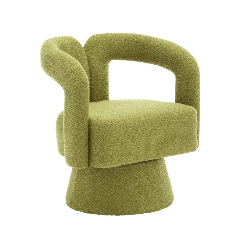 Drehsessel aus Bouclé, tonnenförmiges Design, Olivgrün – 67 x 55 x 74 cm, 136 kg