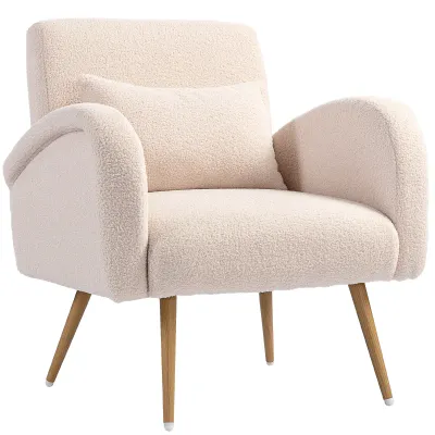 Loungesessel aus Teddyplüsch, abnehmbares Lendenkissen, Beige – 77 x 77 x 83 cm, Metallbeine, 120 kg