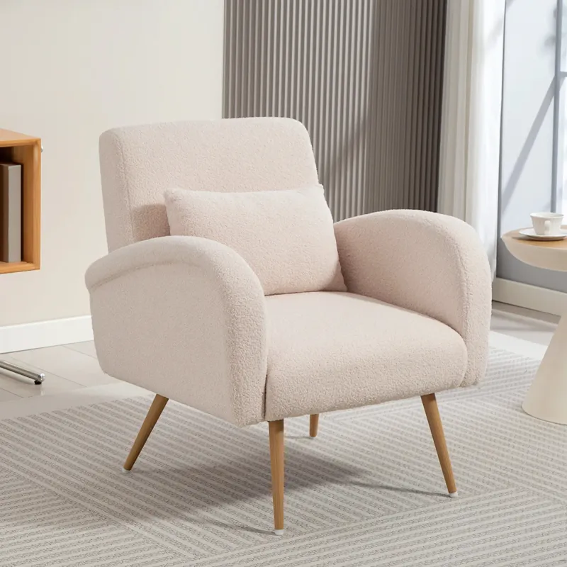 Loungesessel aus Teddyplüsch, abnehmbares Lendenkissen, Beige – 77 x 77 x 83 cm, Metallbeine, 120 kg