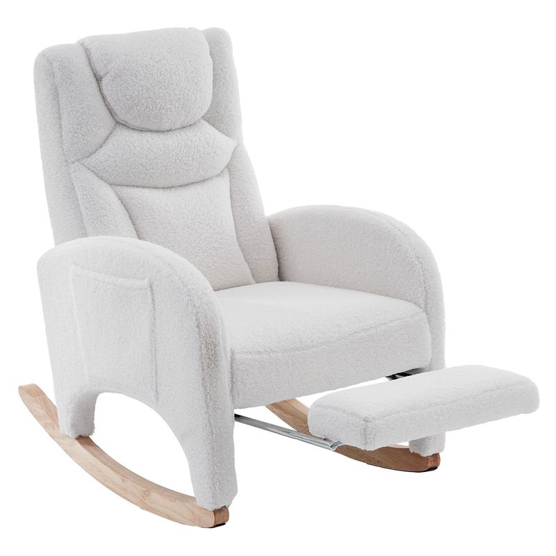 Relaxsessel, Teddy-Stoff, Schaukelstuhl, Weiss – 66L x 96–125,5B x 99H cm, 110 kg